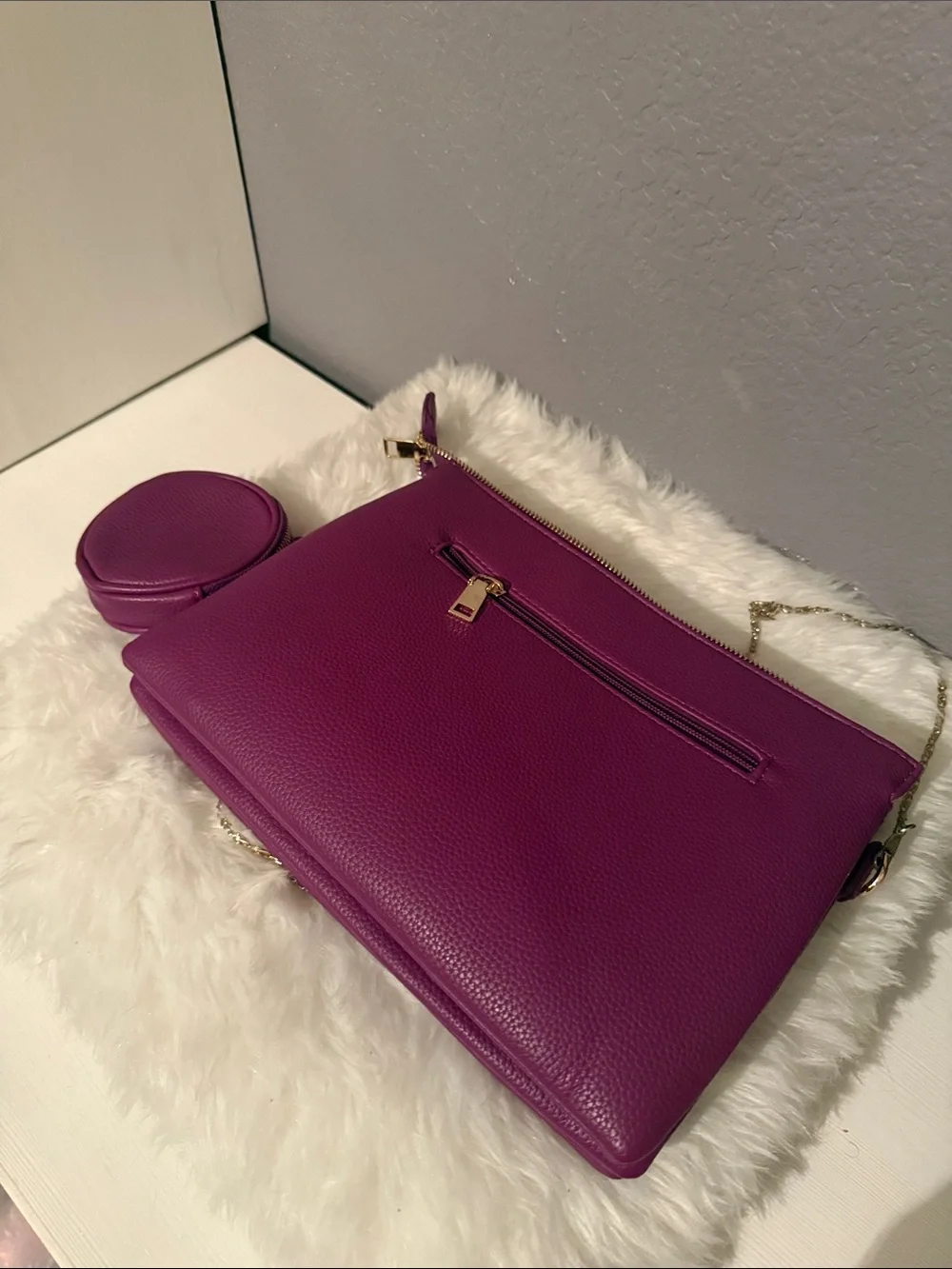 Purple Pebbled Leatherette Crossbody with Gold Chain Strap